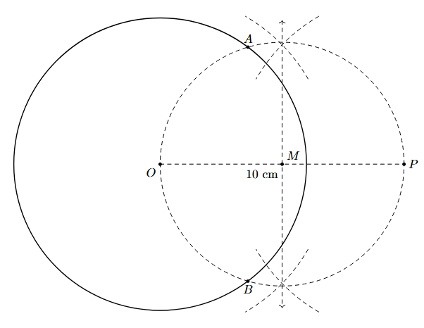Step 4: The intersection points of the two circles are marked as A and B. These are the points of contact.